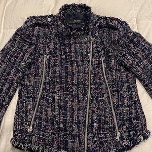 Zara Tweed motorcycle styled blazer.  Navy, red and white threading.